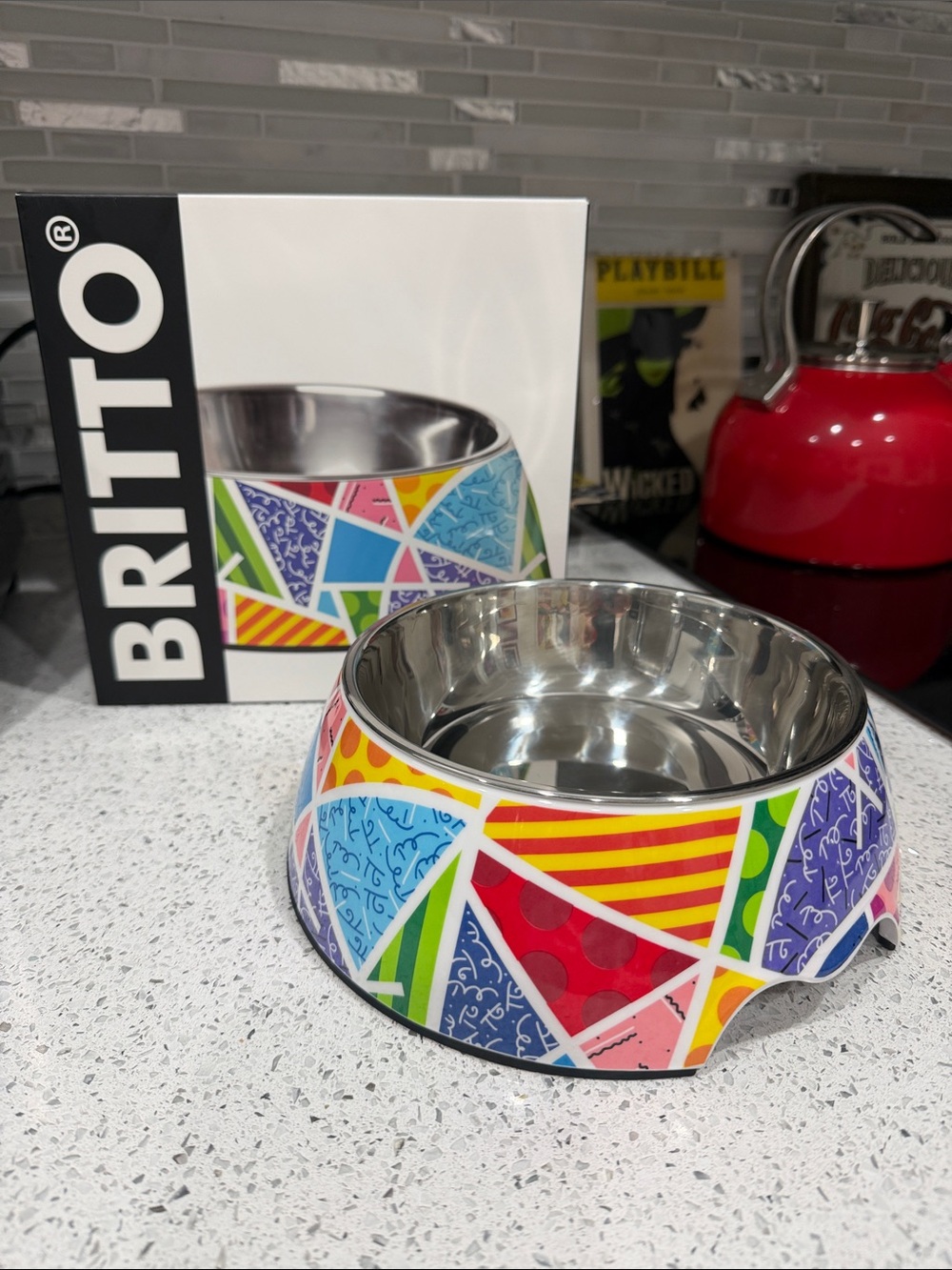 BRITTO Colorful Patchwork "Landscape" Stainless Steel Dog Bowl - Multicolor